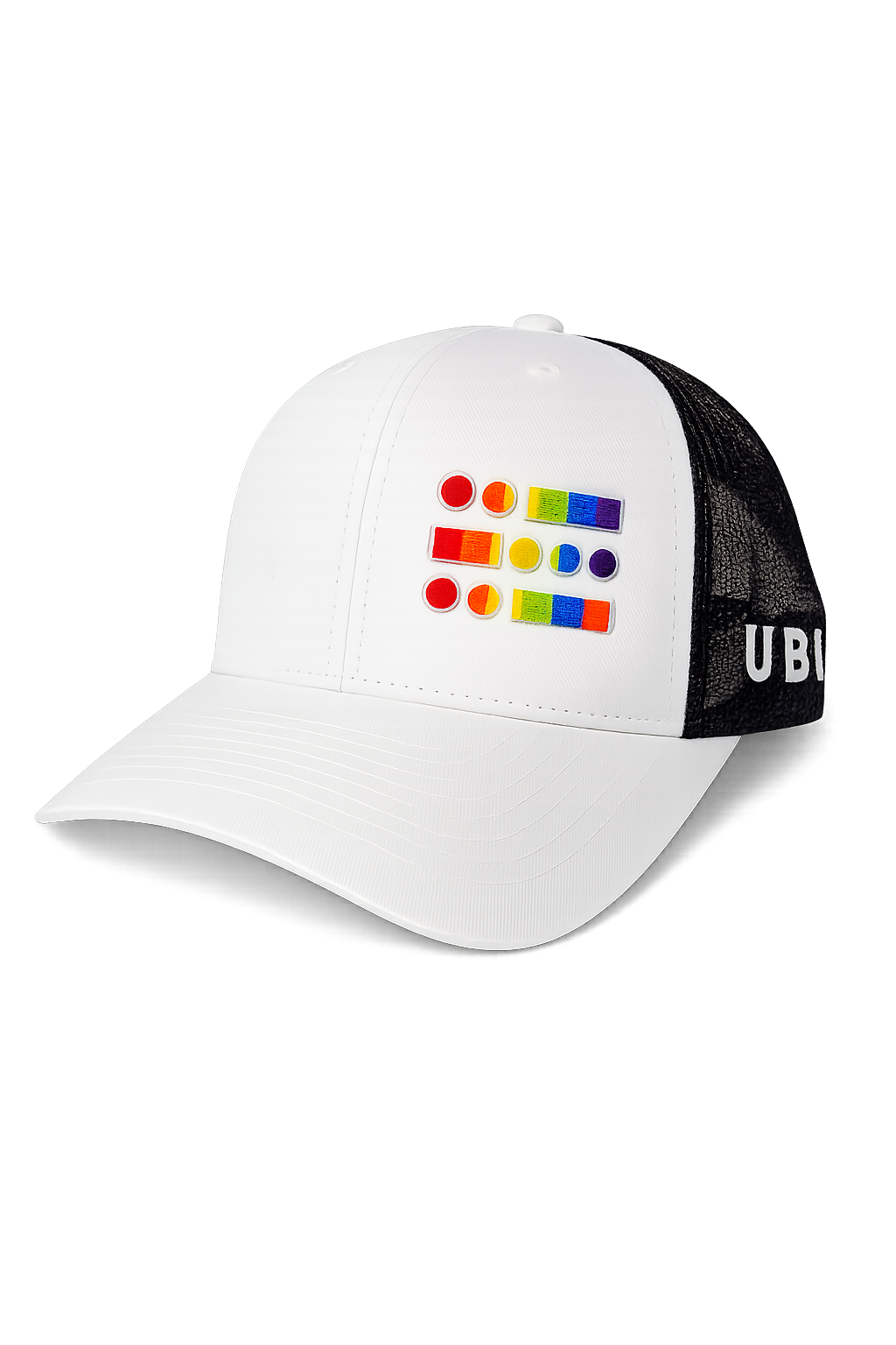 U B U  Trucker Style Pride Hat- White, Black mesh