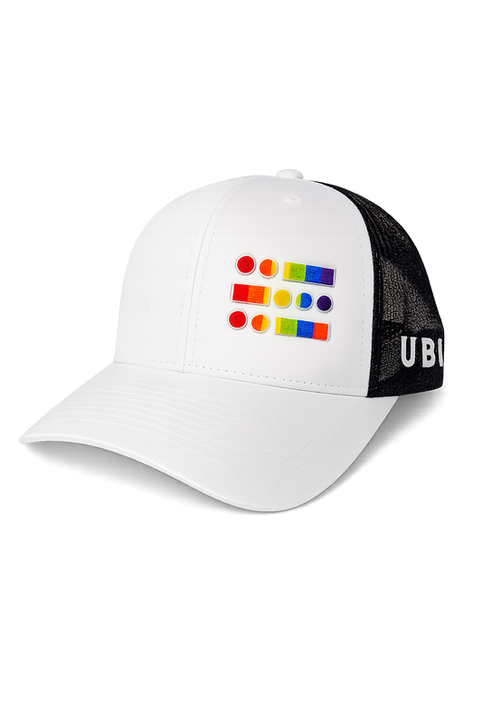 U B U  Trucker Style Pride Hat- White, Black mesh