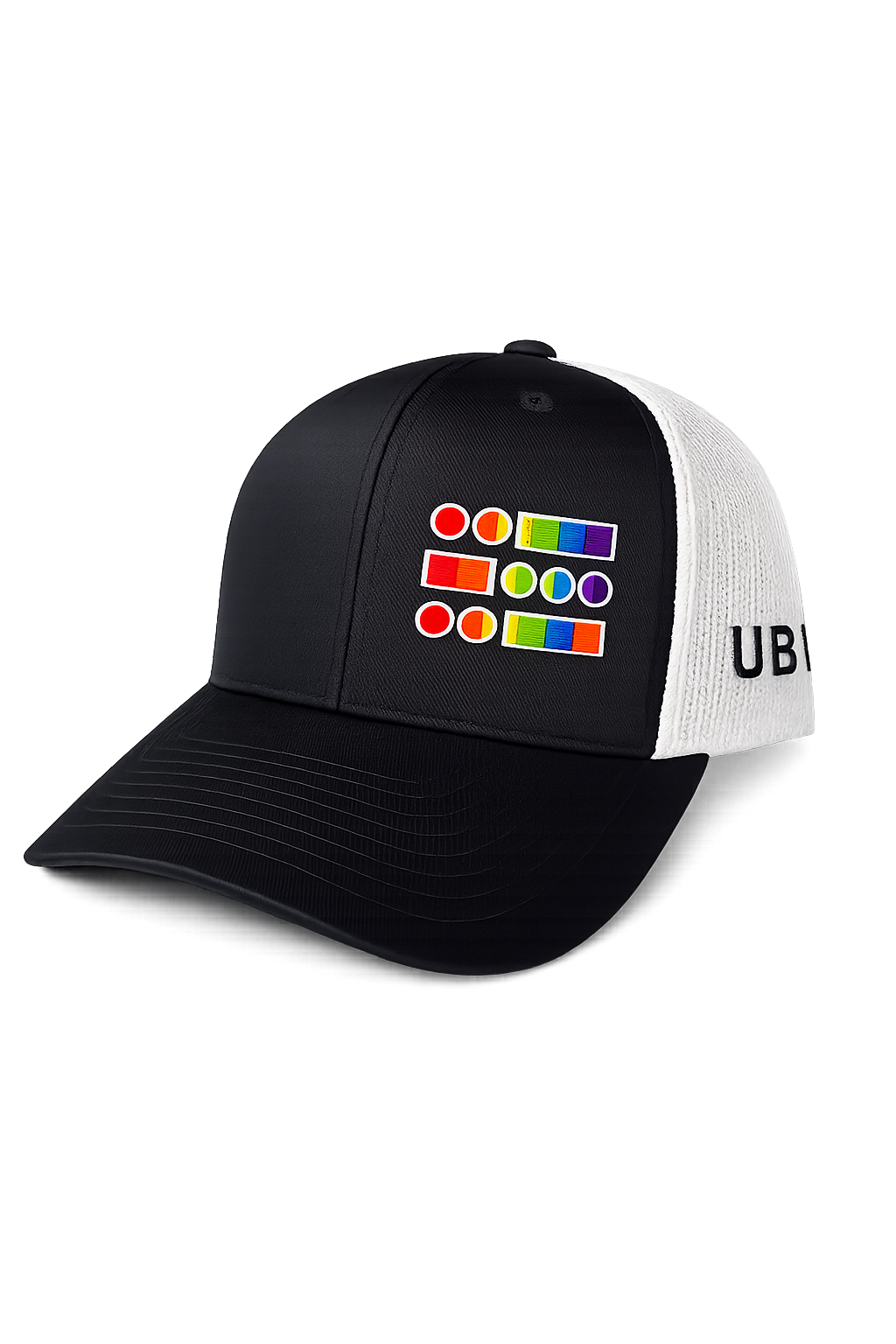 U B U. Trucker Style Pride Hat- Black, White mesh